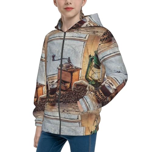 Oil Lamp Coffee Beans Kids Pullover Hoodies Boys Zip Up Sweatshirts Girls Athletic Clothes with Pocket