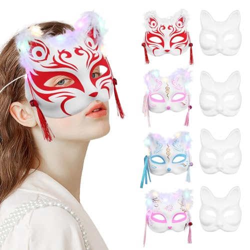 Toyvian LED Cat Masks DIY: 8PCS Light Up Halloween Party Cosplay Fox Masks - White Blank PVC for Women, Painted Decorating, 8.00X19.00X18.00CM