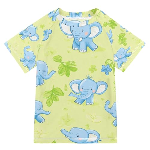 Boys Short Sleeve T-Shirts Elephant Cartoon Blue Rashguard Kids Swim Shirts Sun UPF 50+
