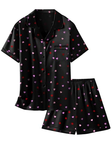 Image of Schbbbta Women Pajamas Set, 2 Pieces Satin Silk Button Down Pjs Short Sleeve Outfits Loungewear