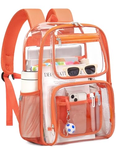 Image of Heavy Duty Clear Backpack For Kids Women Men Boys Girls, 17 Inch See Through Backpack, Large Clear Bookbag, Transparent Bag For School College Sport Work Travel, Orange