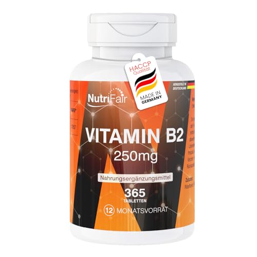 Nutrifair Vitamin B2 250mg 365 Tabletten mit je 250mg schluckfreundlich Riboflavin Hochdosiert 100% Vegan Deutsche Produktion & Laborprüfung