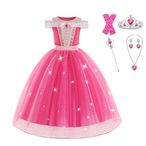 EARJIA Déguisement Princesse Fille Robe De Princesse Rose Pour Enfants Robes Fantaisie Avec Accessoires Tenue De Fête D'halloween De Carnaval Et De Cosplay