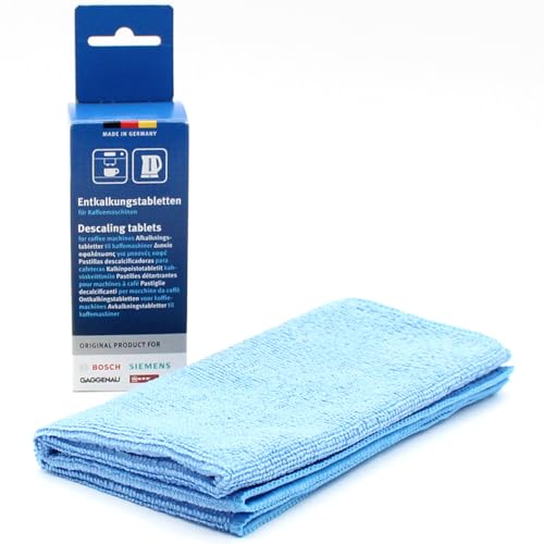 Kit de mantenimiento: 6 Pastillas Descalcificadoras para Cafeteras + paño de microfibra, compatible con Bosch, Siemens Tassimo, 00311864, 00311974, 310967, 311974, Tassimo, TCZ6002, TCZ6002, TCZ6004