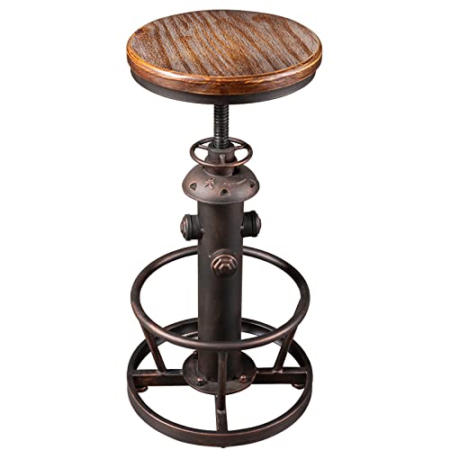 Vintage Swivel Bar Stool Industrial Coffee Kitchen Dining Chair Fire Hydrant Design Height Adjustable 24.8-30.7inch Solid Wooden Seat