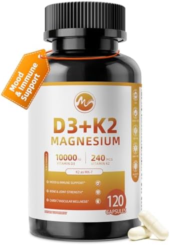 M inch Vitamin D3 K2 with Magnesium, Vitamin D3 10000 IU, Vitamin K2 MK-7 240 mcg, 6-in-1 K2 D3 Vitamin Supplement with Quercetin for Bone, Immune & Moo*d Support, Highly Bioavailable, 120 Capsules