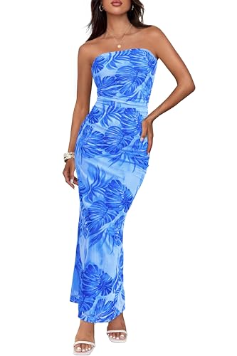 BTFBM Women's Floral Maxi Dresses Summer 2025 Strapless Tube Bodycon Mesh Layered Cocktail Party Wedding Guest Dress