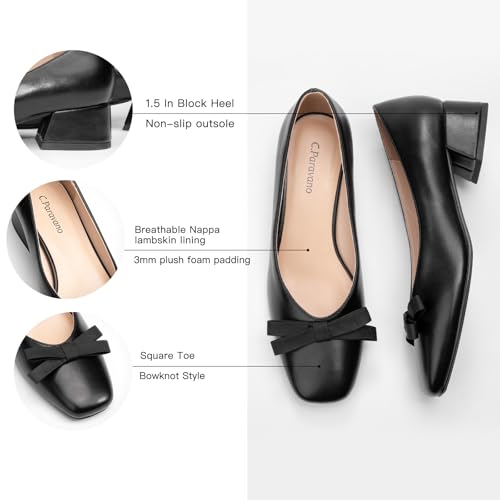 Image of C.Paravano Women's Pumps | Luxury Leather Pumps | 1.5 Inch Chunky Block Heel & Square Toe | Fabric Bow