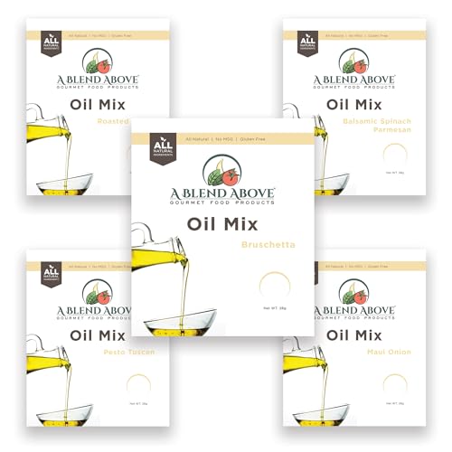 A Spice Above A Blend Above Olive Oil Dip Mix, Best Sellers - Roasted Garlic, Tomato Black Olive, Pesto, Balsamic Spinach Parmesan, and Bruschetta