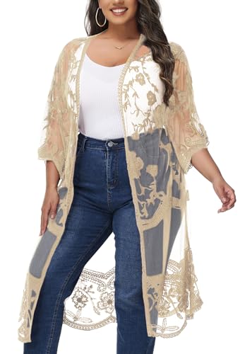 Image of Anna-Kaci Women's Plus Size Lace Cardigan Embroidered Long Kimono Dusters with Half Sleeves