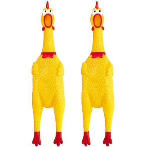 Xeehwb 2 Pcs Large Rubber Chicken, Screaming Dog Toys, Yellow Squawking Squeaky Toy, Prank Noise Maker 12 Inch