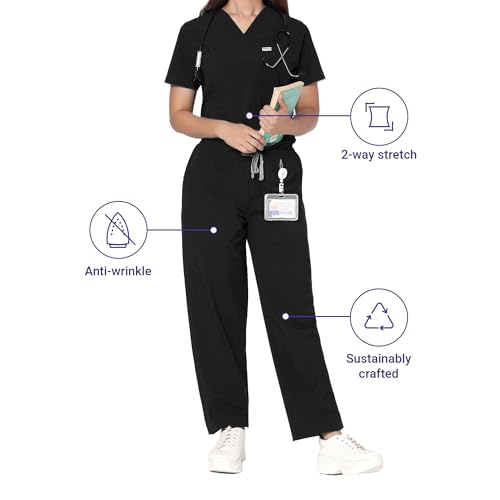Image of KNYA Ecoflex Lite Women's Scrub Suit, 5 Pocket, 2-way Stretch (Black, XS)