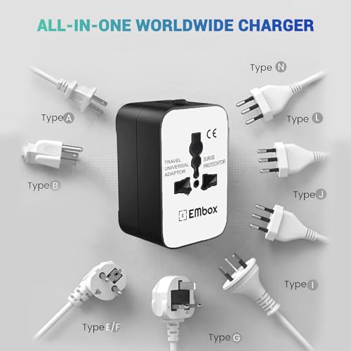 Image of Embox Universal Travel Adapter | All-in-One Worldwide Charger Adapter with Type C, USB & Type A Ports | Supports 224+ Countries | International Plug for Phone, Laptop, Gadgets (White & Black)