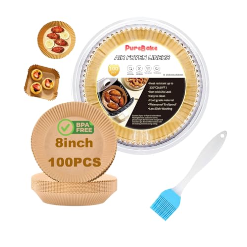 Image of PureBake 100 Pcs Air Fryer Paper Sheets, Disposable Paper Liner, Parchment Paper for Airfryer & Microwave, Oil Proof for Frying, Baking, Cooking, Roasting (Round Brown, 8 Inch, with Oil Brush)