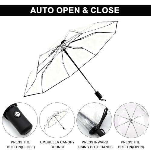 Image of ISABRELLA Clear Folding Umbrella for Rain & Sun Protection, Transparent Compact Umbrella for Women, Windproof Lightweight Travel Umbrella for Outdoor, Commute