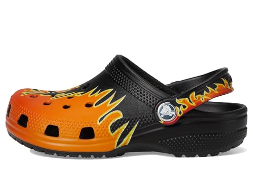 Image of Crocs Unisex Classic Clogs with Patterns and Graphics (Little Kid /Big Kid) Black /Multi Flames 6 Medium