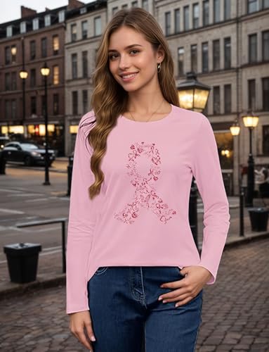 Breast Cancer Long Sleeve Shirts for Women Pink Ribbon Graphic Tees Cancer Awareness Support Gift3