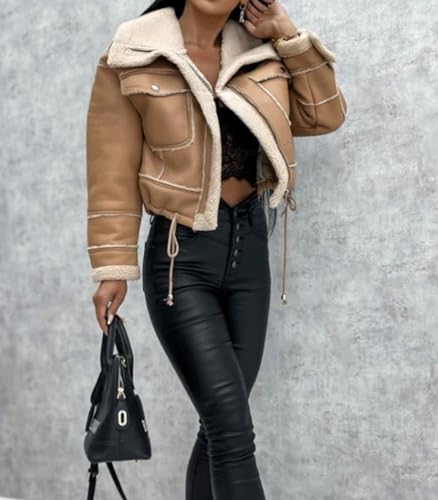 INVACHI Women's Cropped Faux Leather Jacket Fleece Lined Aviator Coat Warm Winter Sherpa Jacket3