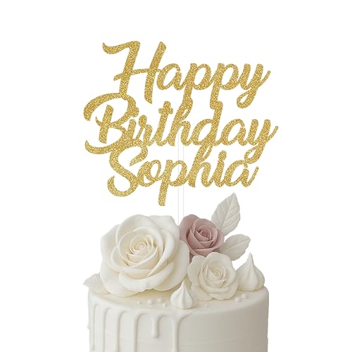 CRAFALA CREATIVE Happy Birthday Cake Topper, Gold Glitter, Personalized, 6' or 8'