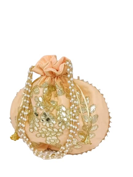 B&C BEADS & CRAFTB&C HIGHFASHION RAJASTHANI STYLE DESIGNER RAWSILK POTLI BAG PITCH COLOUR WITH DESIGNER GOLDEN ZARI EMBRODIERY & PEARL BEADS HANDDEL 4PC FOR WOMEN, GIRLFOR PARTY,FUNCTION,WEDDING