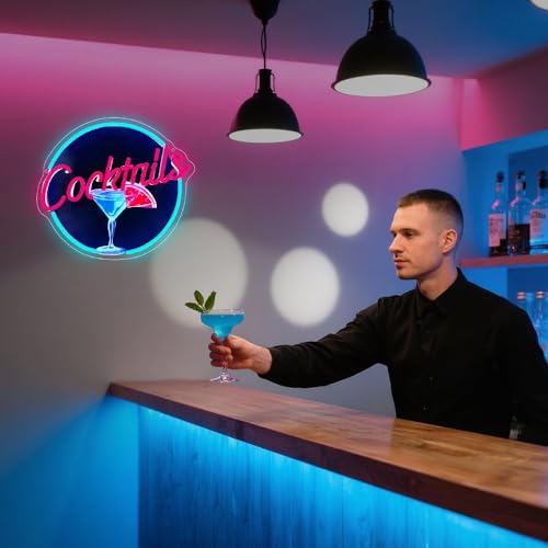Image of Cocktails Neon Signs for Wall Decor,UV Print Cocktails Glass LED Neon Light Up Sign for Beer Bar Art Wall Lights,Bar Party,Pub,Night Club,Man Cave Decor,Adjustable Brightness