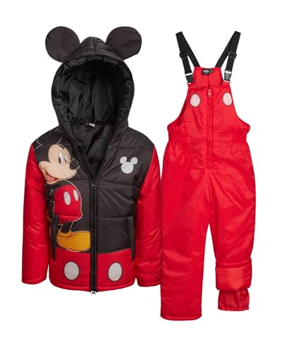 Disney Toddler Boys Snow Suit Set - 2 Piece Toy Story Mickey Mouse Cars Insulated Winter Jacket and Ski Bib Overalls for Boys