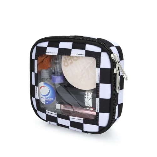 DOB SECHS Small Checkered Makeup Bag 5.1'' x 5.1'' Mini Clear Makeup Pouch for Car Cute Cosmetic Bags for Purse Dual Zipper, Tiny Toiletry Bag Lipstick Organizer Case Travel Essentials Storage Pouches
