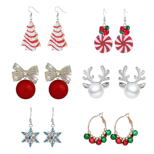 coadipress 6Pairs Christmas Earrings Set for Women Cute Dainty Christmas Tree Snowflake Bow Reindeer JingleBall Drop Earrings Xmas Holiday Party Fashion Jewelry