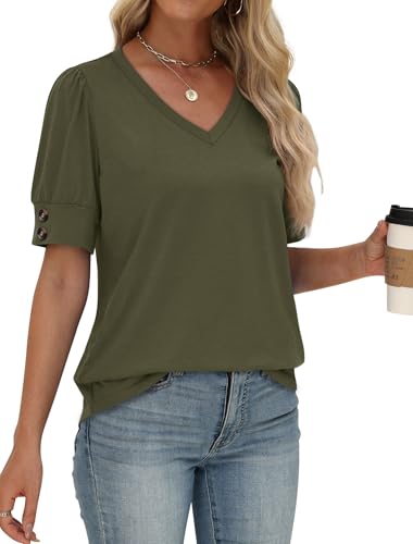 Image of OFEEFAN Womens Tops Short Sleeve Shirts Buttons V Neck Spring Fashion Summer Outfits Plus Size Blouses Dressy Casual