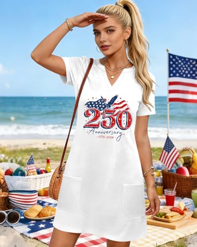 Image of Ithalt 4th of July Dresses for Women Patriotic Dress Red White and Blue Outfits American Flag V Neck Sundress with Pockets