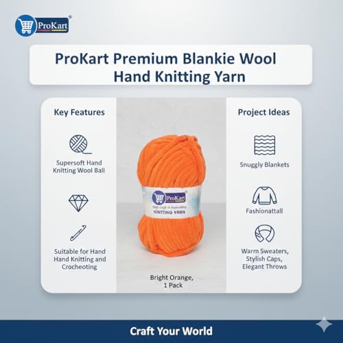 Image of ProKart Premium Blankie Wool, Plush & Cuddly, Chenille Yarn Supersoft Hand Knitting Wool Ball | Blanket Thick /Mottu Yarn Ball Suitable for Hand Knitting and Crocheting (Bright Orange, 100gms x 1 Pack)