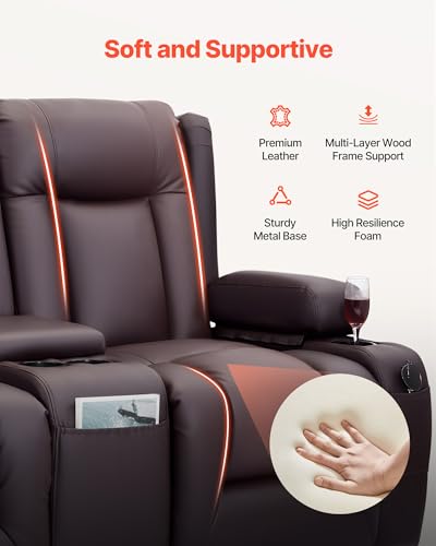 Image of VEVOR Loveseat Recliner Sofa with Massage & Heat, Power Reclining Couch with Console, PU Leather Electric RV Sofa with USB & Outlet /Storage /Cup Holders /Pockets, Home Theater Seating for Living Room