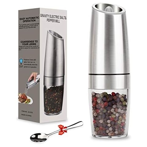 Pepper Grinder, Gravity Electric Pepper Mill,Battery Operated Automatic Salt Mill with Blue LED Light,One Handed Operation,Adjustable Coarseness,Silver(Including Stainless Steel Spoon) Cover