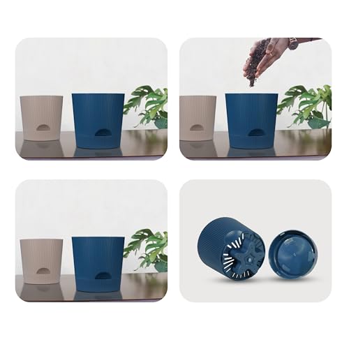 Image of GYOPOTS Self-Watering 11.5 cm Flower Pot for Living Room and Home Decor | Premium Ribbed Texture with self-watering system | Pack of 4 (2 Blue + 2 Brown) with Free Cocopeat | For Indoor & Outdoor Use