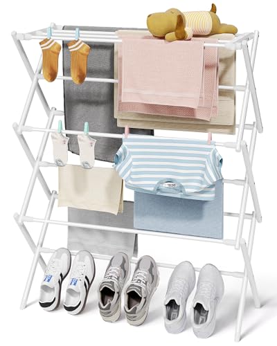 Sakugi Foldable Clothes Drying Rack – Metal Laundry Drying Rack with Non-Slip Feet, 3-Tier Space-Saving Clothing Rack for Organization, Indoor & Outdoor Use, 11.4' D x 29.1' W x 37.4' H, White