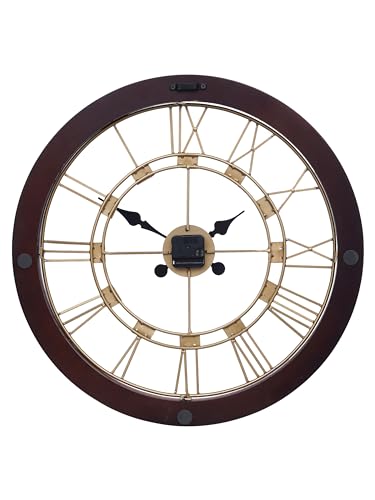 Image of CHRONIKLE Elegance Round Rosewood Wooden Wall Hanging Clock Analog Roman Numerals Golden Dial Iron for Home Office Decor Living Room Bedroom (Size: 59 x 4.5 x 59 CM | Weight: 3010 Gram)