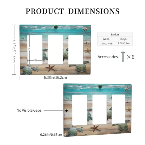 Decorative Outlet Covers Turtle Starfish Beaches Blue Wood Plank 3 Gang Wall Plate Triple Rocker Light Switch Cover Plate Jumbo Electrical Gfci Faceplate for Bathroom Decor