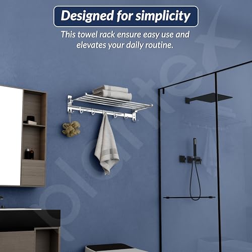 Image of Plantex Folding Towel Rack /Stainless Steel Towel Holder /24 Inch Towel Hanger for Bathroom /Towel Stand with Fix Hook /Bathroom Accessories - Pack of 1 (Chrome)