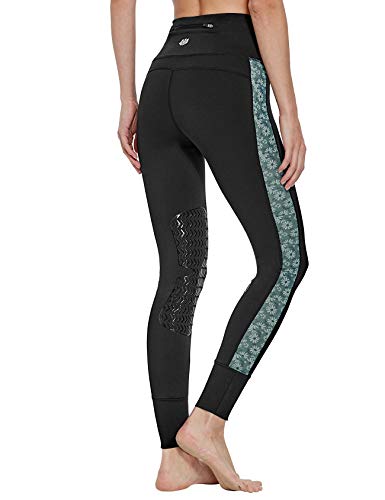 FitsT4 - Mallas de equitación para mujer con ribete de silicona y bolsillo para el cinturón, mallas elásticas con tejido MESH impreso en pernera para la escuela de equitación, Negro , M