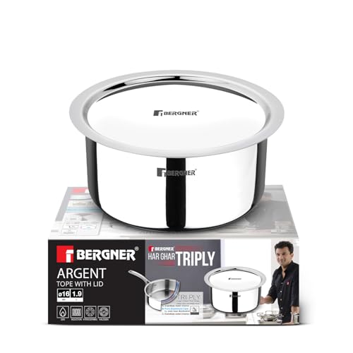 Image of Bergner Argent 16cm (1.9L) Triply Tope with Stainless Steel Lid, Small Topia /Patila, Flared Lid, Consumes Less Oil, Healthy Cooking, Food Safe, Even Heat Distribution - Induction and Gas Stove Ready
