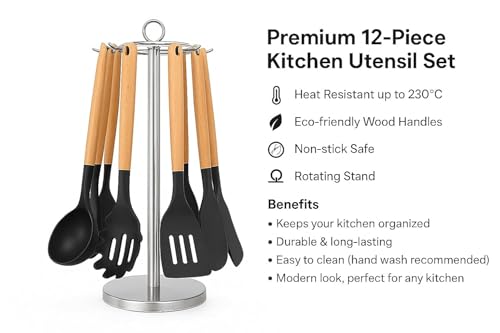 Image of Premium Silicone Kitchen Spatula Set for Cooking | Heat Resistant Spatula for Non Stick Pan with Wooden Handle & Holder | Steel Core Silicone Spatula | Non-Stick Kitchen Utensils Set (12 Pcs)