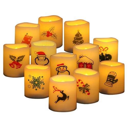 Image of Battery Operated Flameless LED Votive Candles with Christmas Decals 12 PCS