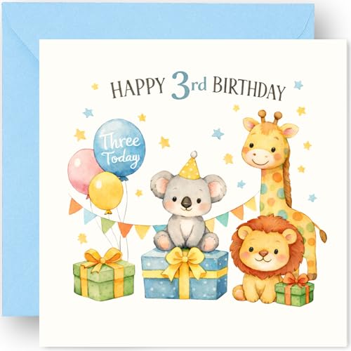3rd Birthday Card for Boy - Three Today Cute Watercolour Jungle Animals Design - Happy Third Birthday Greeting Card for Grandson Nephew Son - Includes Blue Envelope 14cm
