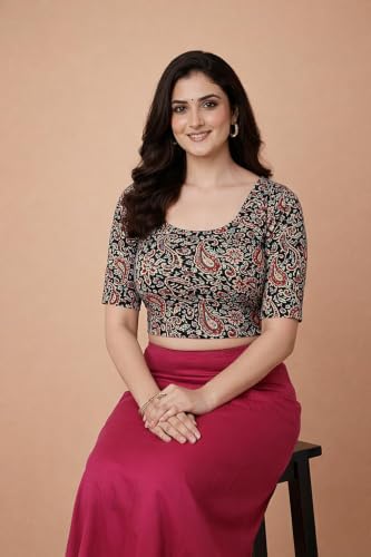 Image of Amazon Brand - Anarva Women's Kalamkari Print Cotton Stretchable Round Neck Readymade Saree Blouse