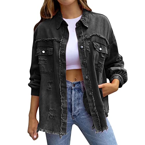 Jean Jacket Women 2024 Trendy Classic Lapel Button Down Up Frayed Hem Shacket Long Sleeve Distresse Trucker Coats