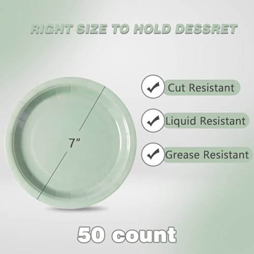 Image of Sage Green Disposable Paper Plates, 7'' Dessert Cake Plates, 50 Count Bulk | Sturdy and Durable Party Plates, for Birthday, Baby & Bridal Showers, Halloween, Christmas,BBQ, Weddings,for Cake & Snacks
