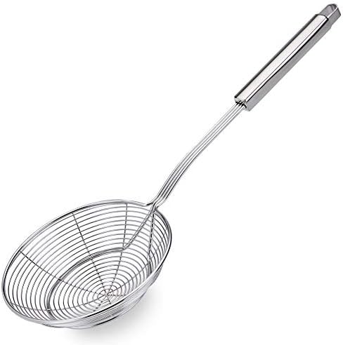 TEMCHY Spider Strainer Skimmer Ladle, 5.5 Inch Stainless Steel Solid Skimmer Basket with Long Handle for Everyday Frying Steaming and Scooping