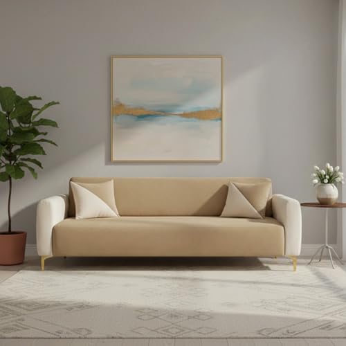 Image of Opera 3 Seater Fabric Sofa Set | Soft Velvet Upholstery, Sturdy Wooden Frame | Modern Sofa for Living Room, Hall & Office Spaces (Cream-Beige)
