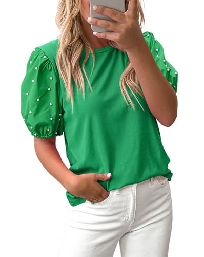 Chvity Puff Sleeve Tops for Women Summer Ribbed Knit Pearl Cute Tops Loose Fit Short Sleeve Crewneck Business Casual Outfits