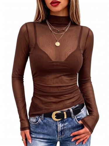 Image of Meetrendi Women's Ruched Mesh Top Sheer Long Sleeve Mock Neck Shirts